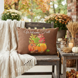 Willkommen Herbstsaison Orange Pumpkin on Brown Kissen Für Draußen