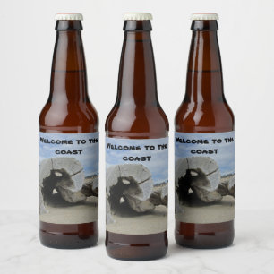 Willkommen im Coast Driftwood Pacific Ocean Foto Bierflaschenetikett