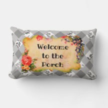 Willkommen im Porch Gray Country Gingham Pillow