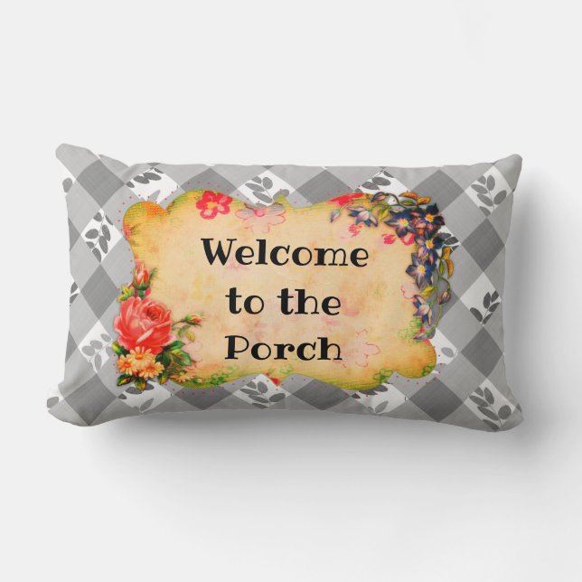 Willkommen im Porch Gray Country Gingham Pillow Lendenkissen (Vorderseite)