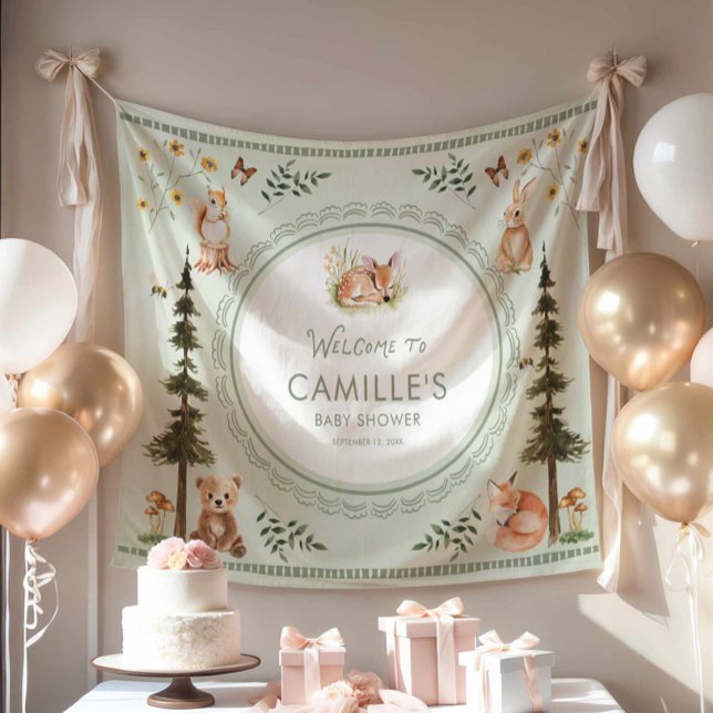 Willkommen im Wald-Sagegrün-Baby-Party Wandteppich (Green Woodland Baby shower Welcome Backdrop)