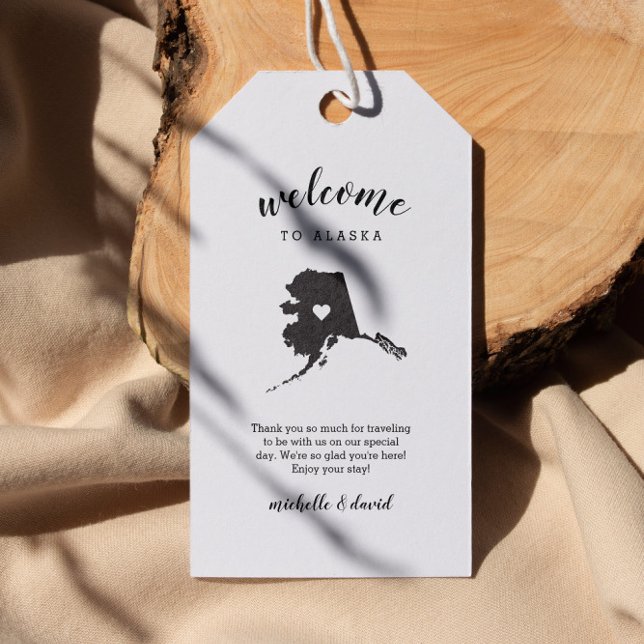 Willkommen in Alaska | Kalligraphische Hochzeit Geschenkanhänger (ALASKA Wedding Welcome Tags: personalized  Destination Weddings  Location, Welcome Note, Names)