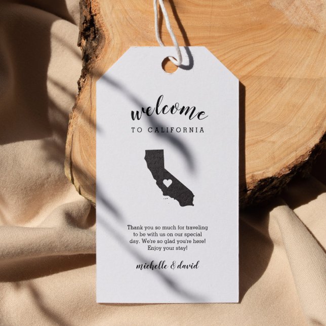 Willkommen in KALIFORNIEN | Kalligraphische Hochze Geschenkanhänger (California Wedding Welcome Tags: personalized  Destination Weddings  Location, Welcome Note, Names)