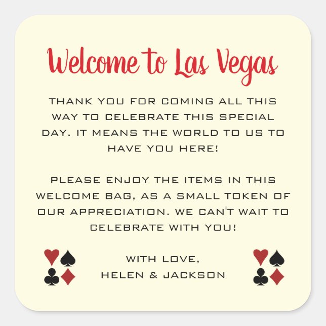 Willkommen in Las Vegas Wedding Welcome Basket Quadratischer Aufkleber (Vorderseite)