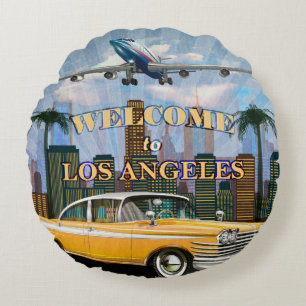 Willkommen in Los Angeles Retro Poster. Rundes Kissen