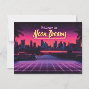 Willkommen in Neon Dreams - Retro Wave Cityscape Postkarte