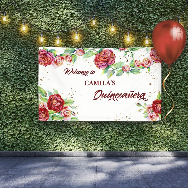Willkommen in Quinceanera Rote Rose Blumengarten Banner (Von Creator hochgeladen)