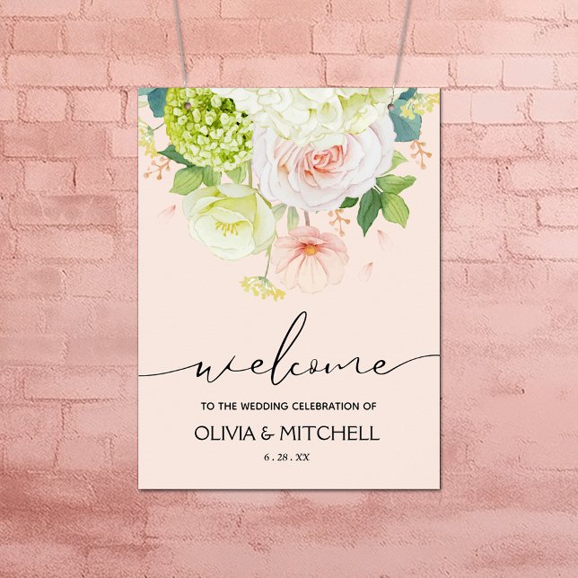 Willkommen in unserem Hochzeitsrosa Poster (Flowers on Blush Pink Wedding Welcome Poster - INSTANT DOWNLOAD or PRINTED (framed, too))