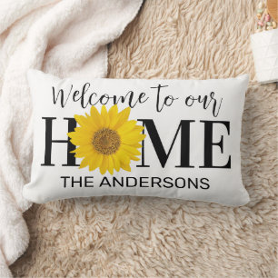 Willkommen in unserem Zuhause Name Sonnenblume Wei Lendenkissen
