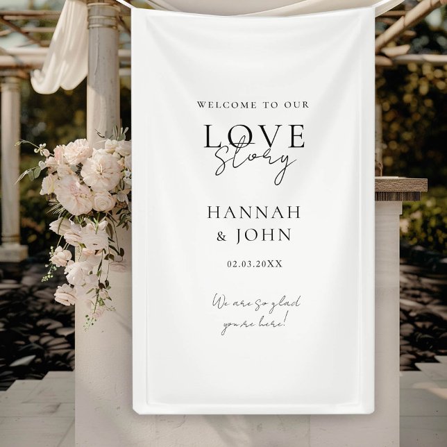 Willkommen in unserer Liebe-Story! Elegant, modern Banner (Welcome to our Love-Story! Elegant, Modern, Handwriting, Wedding Banner with your Name & Date.)