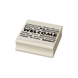 Willkommen in vielen Sprachen Text Typografie Gummistempel