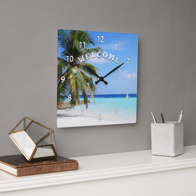 Willkommen Island Beach Palm Tree Wall Uhr (Büro)