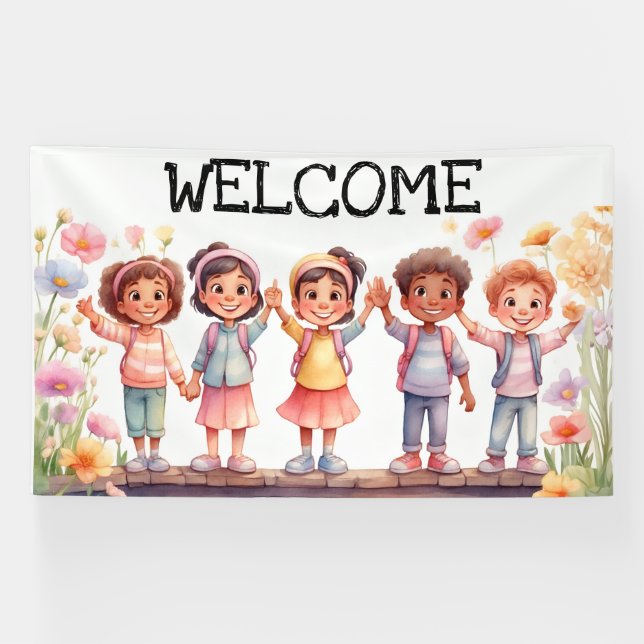 Willkommen; Kinder mit Blume Banner (Horizontal)