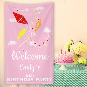 Willkommen Kites in Sky Pink Girl Birthday Party Banner