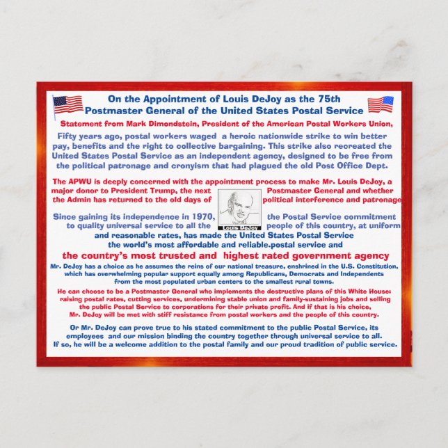 Willkommen Louis DeJoy zu den USPS. Postkarte (Vorderseite)