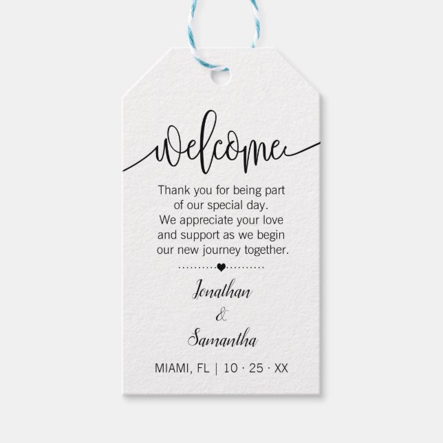 Willkommen minimalistischer Gastgeschenk Hochzeit Geschenkanhänger (Vorderseite)