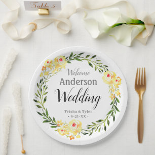 Willkommen Namen/Datum Gelbe Blumen Hochzeit Pappteller
