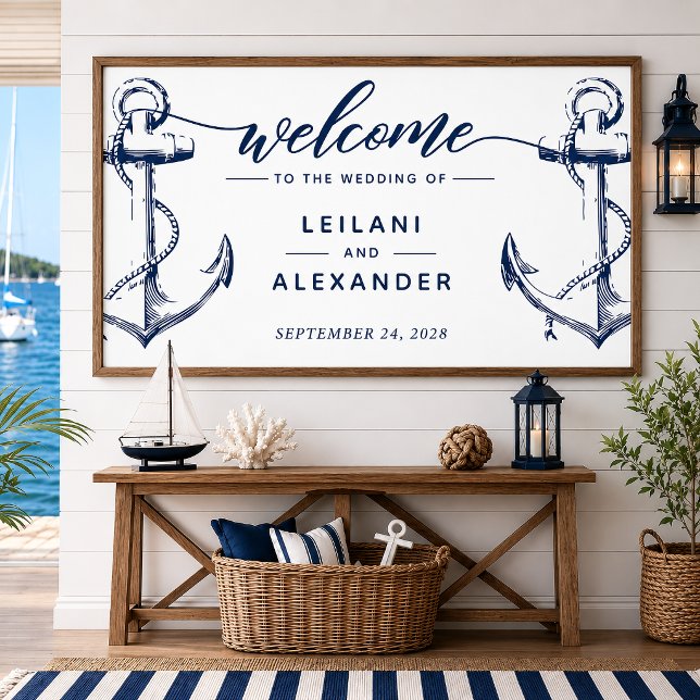 Willkommen Nautical Wedding Anchor White Poster (Welcome your guests with this nautical anchor design. This can be used as a backdrop for photo ops.)