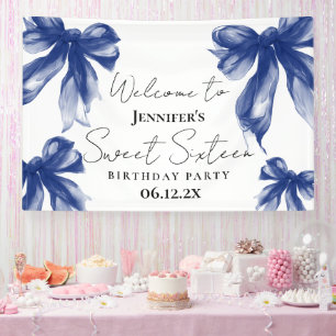 Willkommen Navy Blue Bow Coquette Script Sweet 16 Banner
