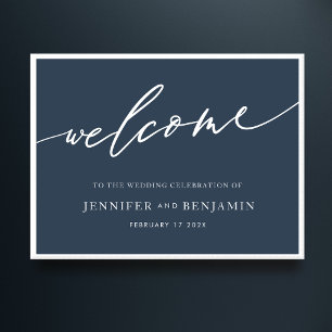 willkommen   Navy Blue Calligraphy Simple Wedding Poster