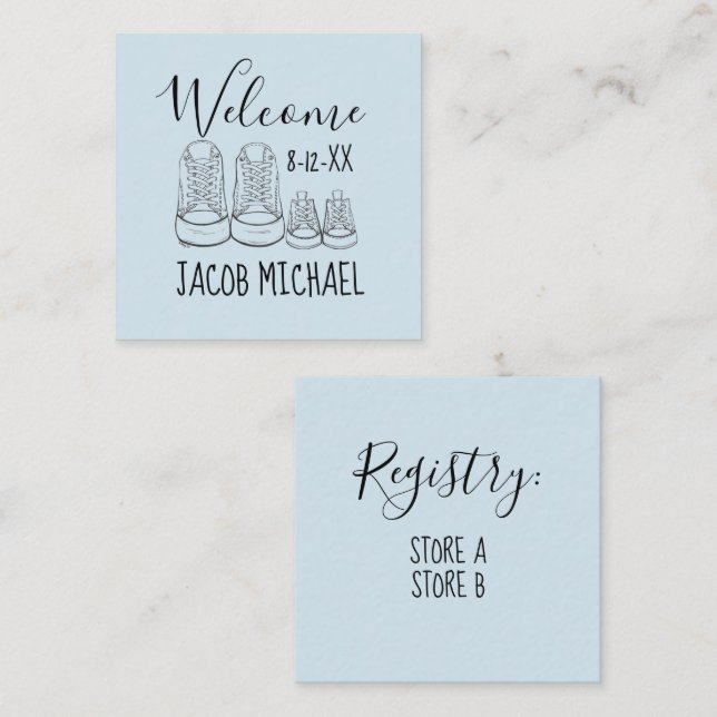 WILLKOMMEN Neue Anreise Baby Schuhe Dusche Blau Begleitkarte (Vorne/Hinten)