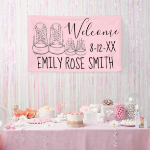 WILLKOMMEN Neue Anreise Baby Schuhe Dusche Rosa Banner