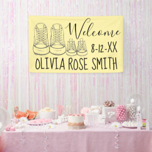 WILLKOMMEN Neue Anreise Kinderschuhe Dusche gelb Banner