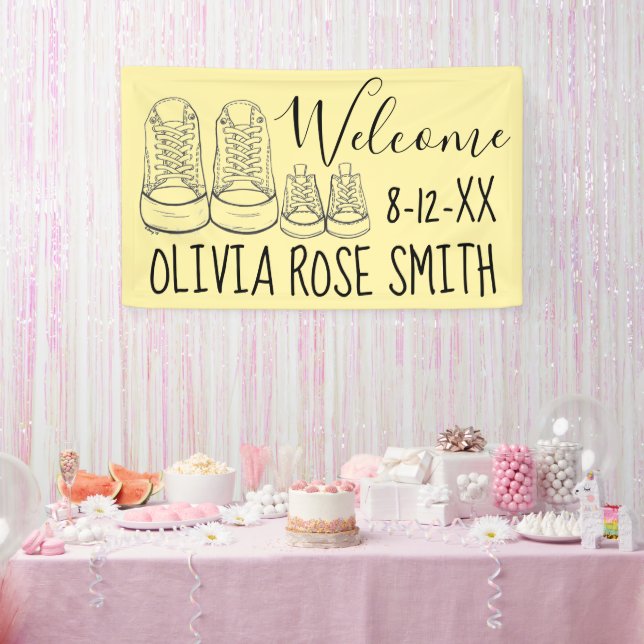 WILLKOMMEN Neue Anreise Kinderschuhe Dusche gelb Banner (Party)