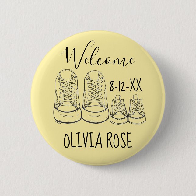 WILLKOMMEN Neue Anreise Kinderschuhe Dusche gelb Button (Vorderseite)