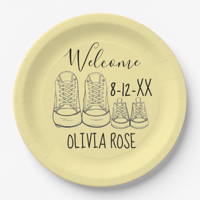 WILLKOMMEN Neue Anreise Kinderschuhe Dusche gelb Pappteller (Vorderseite)