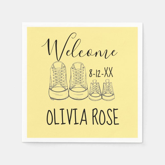 WILLKOMMEN Neue Anreise Kinderschuhe Dusche gelb Serviette (Vorderseite)
