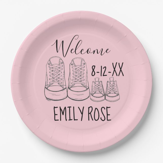 WILLKOMMEN Neue Anreise Kinderschuhe Dusche Pink G Pappteller (Vorderseite)