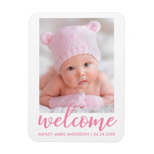 Willkommen Neue Baby Ankündigung Pink Script Magnet