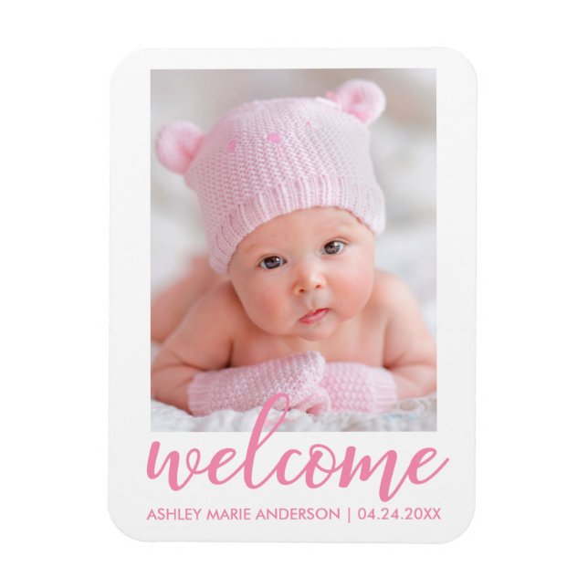 Willkommen Neue Baby Ankündigung Pink Script Magnet (Vertikal)
