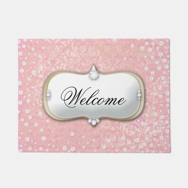 Willkommen Pink Damast Perlen Monogramm Türmatte (Vorderseite)
