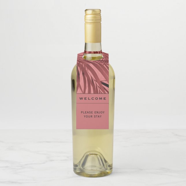 Willkommen | Pink Palm Blätter | Mietwohnung Flaschenanhänger (Auf Flasche)