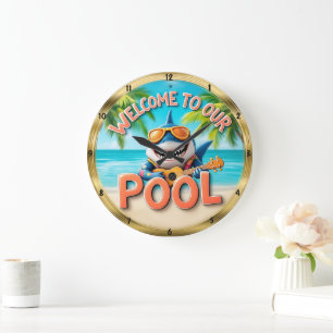 Willkommen Pool Shark Ukulele Beach Große Wanduhr
