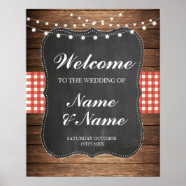 Willkommen Poster Red Karo Sign Wedding Wood Poste