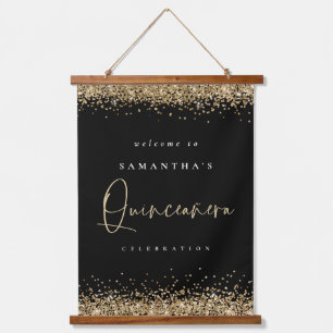 Willkommen Quinceanera Gold Glitzer Name Black Wandteppich Mit Holzrahmen