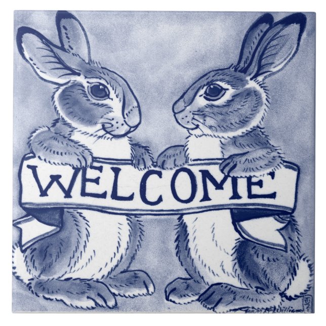 Willkommen Rabbit Bunny Art Niedlich Blue Trivet Fliese (Vorderseite)