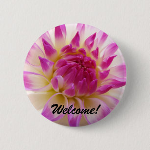 Willkommen! Schaltfläche Weiß rosa Dahlia Blume Button