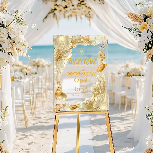 Willkommen Schild aus Acryl "Pearl & Gold Seashell (Chic Modern Ivory Pearl and Gold Coastal Wedding Welcome Acrylic Sign)