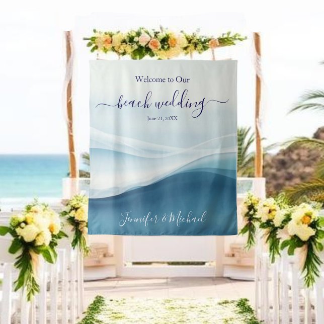 Willkommen Schild für eine ruhige Strandhochzeit i Wandteppich (Serene Blue Beach Wedding Welcome Sign Tapestry)