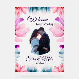 Willkommen Schild für Hochzeit mit rosa und blauen