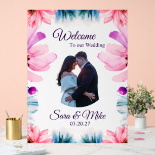 Willkommen Schild für Hochzeit mit rosa und blauen