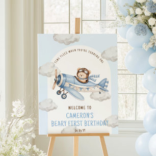 Willkommen Schild Teddybär Flugzeug zum ersten Geb
