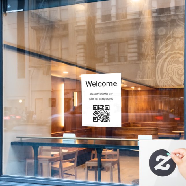 Willkommen Schwarz Weiß Scannen Sie den QR-Code fü Fensteraufkleber (Café-Fenster)
