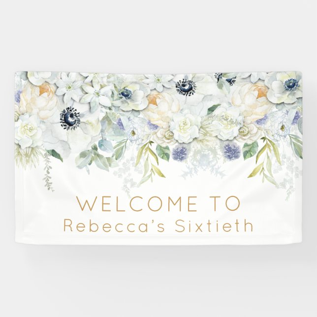 Willkommen Sixtieth Birthday Name White Florals Le Banner (Horizontal)