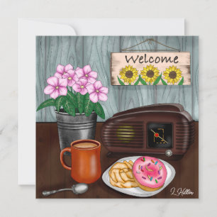 Willkommen, Sonnenblumen, Donuts und Kaffee