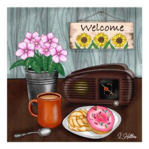 Willkommen, Sonnenblumen, Donuts und Kaffee Fotodruck